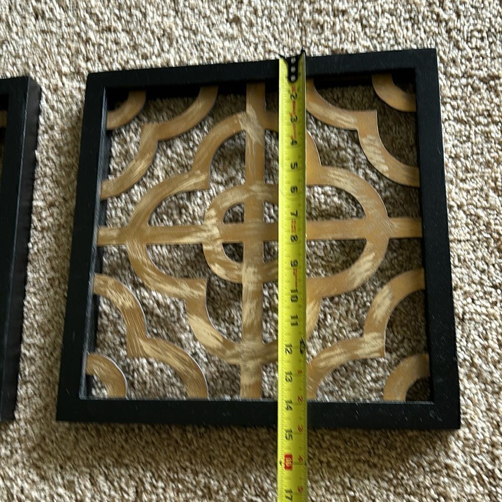 Set of 2 Square Wood Ornate Wall Decor Hanging Black Gold Carvings - Picture 6 of 7